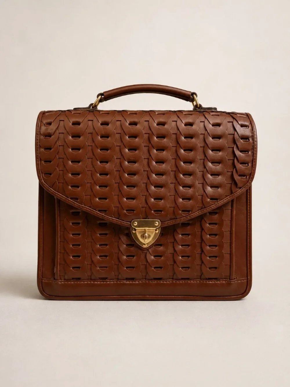 Vintage Woven Brown Leather Briefcase Satchel Bag Boho Dark Academia